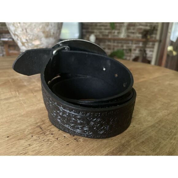 Cache Black Leather Belt L/XL Floral Buckle Italian Leather Canada - Picture 2 of 6